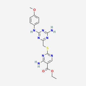 molecular formula C18H20N8O3S B4766791 ethyl 4-amino-2-[({4-amino-6-[(4-methoxyphenyl)amino]-1,3,5-triazin-2-yl}methyl)thio]-5-pyrimidinecarboxylate 