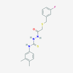 molecular formula C18H20FN3OS2 B4767507 N-(3,4-dimethylphenyl)-2-{[(3-fluorobenzyl)thio]acetyl}hydrazinecarbothioamide 