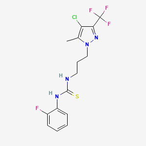 molecular formula C15H15ClF4N4S B4768098 N-{3-[4-chloro-5-methyl-3-(trifluoromethyl)-1H-pyrazol-1-yl]propyl}-N'-(2-fluorophenyl)thiourea 