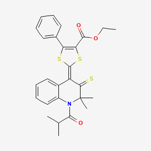 molecular formula C27H27NO3S3 B4770879 ethyl 2-(1-isobutyryl-2,2-dimethyl-3-thioxo-2,3-dihydro-4(1H)-quinolinylidene)-5-phenyl-1,3-dithiole-4-carboxylate 