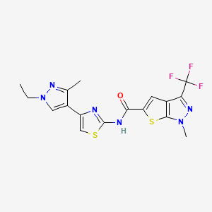molecular formula C17H15F3N6OS2 B4771371 N-[4-(1-ethyl-3-methyl-1H-pyrazol-4-yl)-1,3-thiazol-2-yl]-1-methyl-3-(trifluoromethyl)-1H-thieno[2,3-c]pyrazole-5-carboxamide 