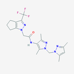 molecular formula C20H24F3N7O B4773068 N-{1-[(3,5-dimethyl-1H-pyrazol-1-yl)methyl]-3,5-dimethyl-1H-pyrazol-4-yl}-2-[3-(trifluoromethyl)-5,6-dihydrocyclopenta[c]pyrazol-1(4H)-yl]acetamide 