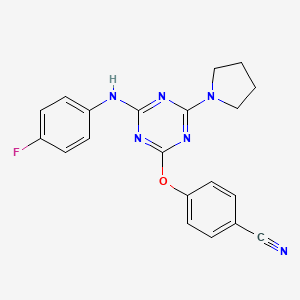 molecular formula C20H17FN6O B4773432 4-{[4-[(4-fluorophenyl)amino]-6-(1-pyrrolidinyl)-1,3,5-triazin-2-yl]oxy}benzonitrile 