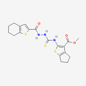 molecular formula C19H21N3O3S3 B4773474 methyl 2-({[2-(4,5,6,7-tetrahydro-1-benzothien-2-ylcarbonyl)hydrazino]carbonothioyl}amino)-5,6-dihydro-4H-cyclopenta[b]thiophene-3-carboxylate 