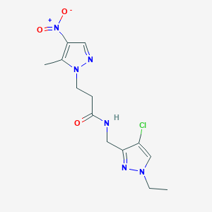 molecular formula C13H17ClN6O3 B4773596 N-[(4-chloro-1-ethyl-1H-pyrazol-3-yl)methyl]-3-(5-methyl-4-nitro-1H-pyrazol-1-yl)propanamide 