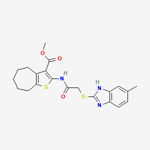 molecular formula C21H23N3O3S2 B4773710 methyl 2-({[(5-methyl-1H-benzimidazol-2-yl)thio]acetyl}amino)-5,6,7,8-tetrahydro-4H-cyclohepta[b]thiophene-3-carboxylate 