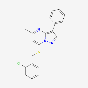 molecular formula C20H16ClN3S B4774119 7-[(2-chlorobenzyl)thio]-5-methyl-3-phenylpyrazolo[1,5-a]pyrimidine 