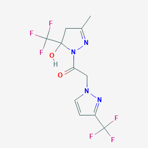 molecular formula C11H10F6N4O2 B4774235 3-methyl-5-(trifluoromethyl)-1-{[3-(trifluoromethyl)-1H-pyrazol-1-yl]acetyl}-4,5-dihydro-1H-pyrazol-5-ol 