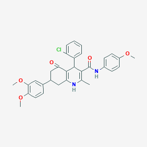 molecular formula C32H31ClN2O5 B4774641 4-(2-chlorophenyl)-7-(3,4-dimethoxyphenyl)-N-(4-methoxyphenyl)-2-methyl-5-oxo-1,4,5,6,7,8-hexahydro-3-quinolinecarboxamide 