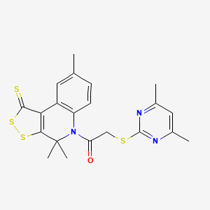 molecular formula C21H21N3OS4 B4774948 5-{[(4,6-dimethyl-2-pyrimidinyl)thio]acetyl}-4,4,8-trimethyl-4,5-dihydro-1H-[1,2]dithiolo[3,4-c]quinoline-1-thione 