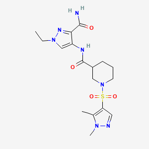 molecular formula C17H25N7O4S B4775079 N-[3-(aminocarbonyl)-1-ethyl-1H-pyrazol-4-yl]-1-[(1,5-dimethyl-1H-pyrazol-4-yl)sulfonyl]-3-piperidinecarboxamide 