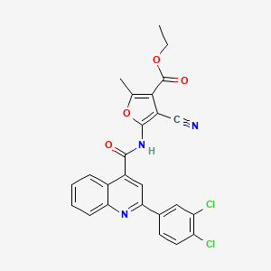 molecular formula C25H17Cl2N3O4 B4775471 ethyl 4-cyano-5-({[2-(3,4-dichlorophenyl)-4-quinolinyl]carbonyl}amino)-2-methyl-3-furoate 
