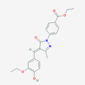 molecular formula C22H22N2O5 B477585 ethyl 4-[4-(3-ethoxy-4-hydroxybenzylidene)-3-methyl-5-oxo-4,5-dihydro-1H-pyrazol-1-yl]benzoate 