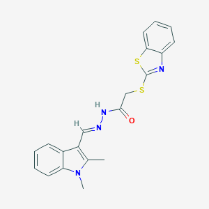 molecular formula C20H18N4OS2 B477708 2-(1,3-benzothiazol-2-ylsulfanyl)-N'-[(1,2-dimethyl-1H-indol-3-yl)methylene]acetohydrazide CAS No. 496914-56-8
