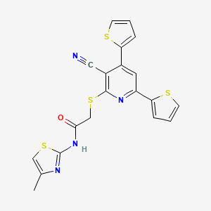molecular formula C20H14N4OS4 B4777549 2-[(3-cyano-4,6-di-2-thienyl-2-pyridinyl)thio]-N-(4-methyl-1,3-thiazol-2-yl)acetamide 
