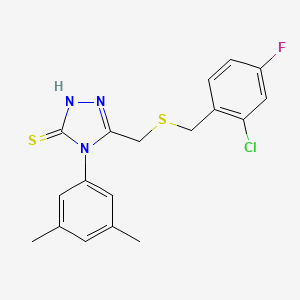 molecular formula C18H17ClFN3S2 B4777718 5-{[(2-chloro-4-fluorobenzyl)thio]methyl}-4-(3,5-dimethylphenyl)-4H-1,2,4-triazole-3-thiol 