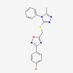 molecular formula C18H14BrN5OS B4777786 3-(4-bromophenyl)-5-{[(5-methyl-4-phenyl-4H-1,2,4-triazol-3-yl)thio]methyl}-1,2,4-oxadiazole 