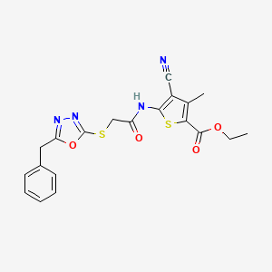 molecular formula C20H18N4O4S2 B4777816 ethyl 5-({[(5-benzyl-1,3,4-oxadiazol-2-yl)thio]acetyl}amino)-4-cyano-3-methyl-2-thiophenecarboxylate 