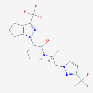 molecular formula C18H21F6N5O B4778645 N-{1-methyl-2-[3-(trifluoromethyl)-1H-pyrazol-1-yl]ethyl}-2-[3-(trifluoromethyl)-5,6-dihydrocyclopenta[c]pyrazol-1(4H)-yl]butanamide 