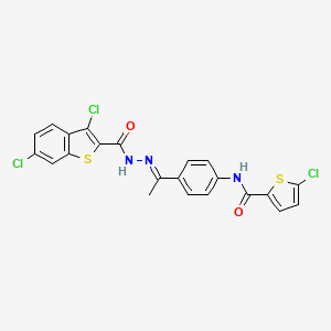 molecular formula C22H14Cl3N3O2S2 B4779746 5-chloro-N-(4-{N-[(3,6-dichloro-1-benzothien-2-yl)carbonyl]ethanehydrazonoyl}phenyl)-2-thiophenecarboxamide 