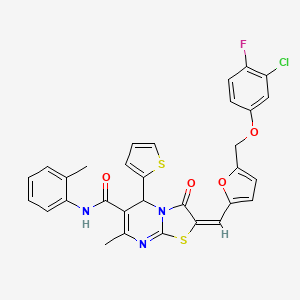 (2E)-2-({5-[(3-chloro-4-fluorophenoxy)methyl]furan-2-yl}methylidene)-7-methyl-N-(2-methylphenyl)-3-oxo-5-(thiophen-2-yl)-2,3-dihydro-5H-[1,3]thiazolo[3,2-a]pyrimidine-6-carboxamide