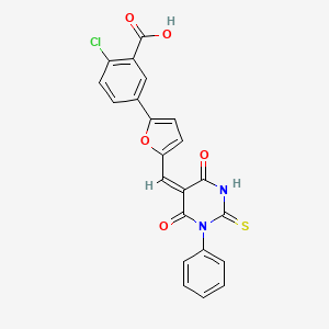 molecular formula C22H13ClN2O5S B4781593 2-CHLORO-5-(5-{[4,6-DIOXO-1-PHENYL-2-THIOXOTETRAHYDRO-5(2H)-PYRIMIDINYLIDEN]METHYL}-2-FURYL)BENZOIC ACID 