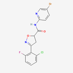 molecular formula C15H10BrClFN3O2 B4782239 N-(5-bromo-2-pyridinyl)-3-(2-chloro-6-fluorophenyl)-4,5-dihydro-5-isoxazolecarboxamide 