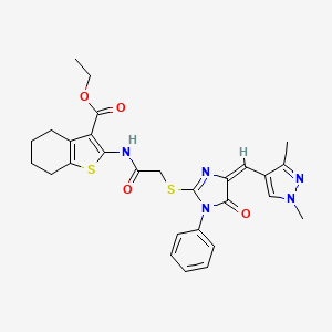 molecular formula C28H29N5O4S2 B4783241 ETHYL 2-{[2-({4-[(E)-1-(1,3-DIMETHYL-1H-PYRAZOL-4-YL)METHYLIDENE]-5-OXO-1-PHENYL-4,5-DIHYDRO-1H-IMIDAZOL-2-YL}SULFANYL)ACETYL]AMINO}-4,5,6,7-TETRAHYDRO-1-BENZOTHIOPHENE-3-CARBOXYLATE 