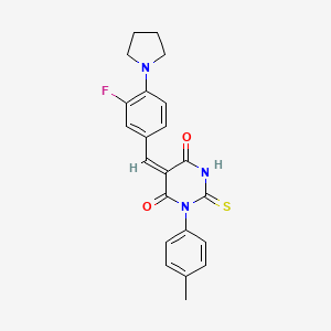 (5E)-5-[(3-fluoro-4-pyrrolidin-1-ylphenyl)methylidene]-1-(4-methylphenyl)-2-sulfanylidene-1,3-diazinane-4,6-dione