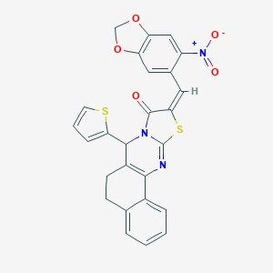molecular formula C26H17N3O5S2 B478411 10-({6-nitro-1,3-benzodioxol-5-yl}methylene)-7-(2-thienyl)-5,7-dihydro-6H-benzo[h][1,3]thiazolo[2,3-b]quinazolin-9(10H)-one CAS No. 497226-16-1