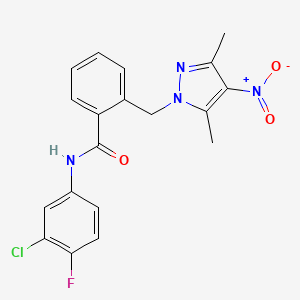 molecular formula C19H16ClFN4O3 B4785305 N-(3-chloro-4-fluorophenyl)-2-[(3,5-dimethyl-4-nitro-1H-pyrazol-1-yl)methyl]benzamide 