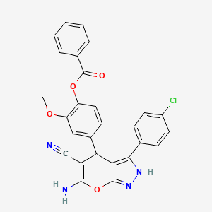 molecular formula C27H19ClN4O4 B4785622 4-[6-amino-3-(4-chlorophenyl)-5-cyano-1,4-dihydropyrano[2,3-c]pyrazol-4-yl]-2-methoxyphenyl benzoate 