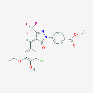 molecular formula C22H18ClF3N2O5 B478752 ethyl 4-[4-(3-chloro-5-ethoxy-4-hydroxybenzylidene)-5-oxo-3-(trifluoromethyl)-4,5-dihydro-1H-pyrazol-1-yl]benzoate 
