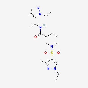 molecular formula C19H30N6O3S B4789204 1-[(1-ethyl-3-methyl-1H-pyrazol-4-yl)sulfonyl]-N-[1-(1-ethyl-1H-pyrazol-5-yl)ethyl]-3-piperidinecarboxamide 