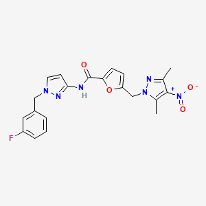 molecular formula C21H19FN6O4 B4793142 5-[(3,5-dimethyl-4-nitro-1H-pyrazol-1-yl)methyl]-N-[1-(3-fluorobenzyl)-1H-pyrazol-3-yl]-2-furamide 
