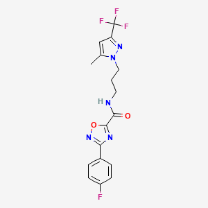 molecular formula C17H15F4N5O2 B4793865 3-(4-fluorophenyl)-N-{3-[5-methyl-3-(trifluoromethyl)-1H-pyrazol-1-yl]propyl}-1,2,4-oxadiazole-5-carboxamide 