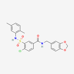 molecular formula C23H21ClN2O5S B4794317 N-(1,3-benzodioxol-5-ylmethyl)-4-chloro-3-{[(2,5-dimethylphenyl)amino]sulfonyl}benzamide 