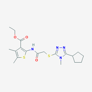 molecular formula C19H26N4O3S2 B4794876 ethyl 2-({[(5-cyclopentyl-4-methyl-4H-1,2,4-triazol-3-yl)thio]acetyl}amino)-4,5-dimethyl-3-thiophenecarboxylate 