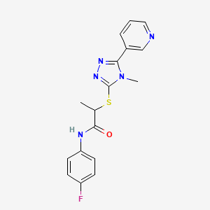 molecular formula C17H16FN5OS B4795796 N-(4-fluorophenyl)-2-{[4-methyl-5-(3-pyridinyl)-4H-1,2,4-triazol-3-yl]thio}propanamide 
