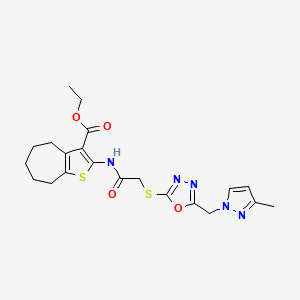 molecular formula C21H25N5O4S2 B4796668 ethyl 2-{[({5-[(3-methyl-1H-pyrazol-1-yl)methyl]-1,3,4-oxadiazol-2-yl}thio)acetyl]amino}-5,6,7,8-tetrahydro-4H-cyclohepta[b]thiophene-3-carboxylate 