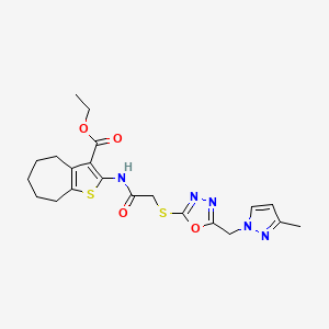 ETHYL 2-{[2-({5-[(3-METHYL-1H-PYRAZOL-1-YL)METHYL]-1,3,4-OXADIAZOL-2-YL}SULFANYL)ACETYL]AMINO}-5,6,7,8-TETRAHYDRO-4H-CYCLOHEPTA[B]THIOPHENE-3-CARBOXYLATE