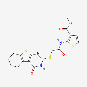 molecular formula C18H17N3O4S3 B4796740 methyl 2-({[(4-oxo-3,4,5,6,7,8-hexahydro[1]benzothieno[2,3-d]pyrimidin-2-yl)thio]acetyl}amino)-3-thiophenecarboxylate 