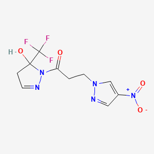 molecular formula C10H10F3N5O4 B4797001 1-[5-HYDROXY-5-(TRIFLUOROMETHYL)-4,5-DIHYDRO-1H-PYRAZOL-1-YL]-3-(4-NITRO-1H-PYRAZOL-1-YL)-1-PROPANONE 