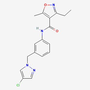 molecular formula C17H17ClN4O2 B4797319 N-{3-[(4-CHLORO-1H-PYRAZOL-1-YL)METHYL]PHENYL}-3-ETHYL-5-METHYL-12-OXAZOLE-4-CARBOXAMIDE 