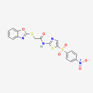 molecular formula C18H12N4O6S3 B4798597 2-(1,3-BENZOXAZOL-2-YLSULFANYL)-N-[5-(4-NITROBENZENESULFONYL)-1,3-THIAZOL-2-YL]ACETAMIDE 