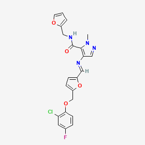 molecular formula C22H18ClFN4O4 B4798866 4-[((E)-1-{5-[(2-CHLORO-4-FLUOROPHENOXY)METHYL]-2-FURYL}METHYLIDENE)AMINO]-N-(2-FURYLMETHYL)-1-METHYL-1H-PYRAZOLE-5-CARBOXAMIDE 