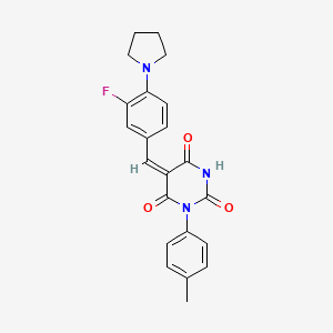 molecular formula C22H20FN3O3 B4801750 5-[3-fluoro-4-(1-pyrrolidinyl)benzylidene]-1-(4-methylphenyl)-2,4,6(1H,3H,5H)-pyrimidinetrione 