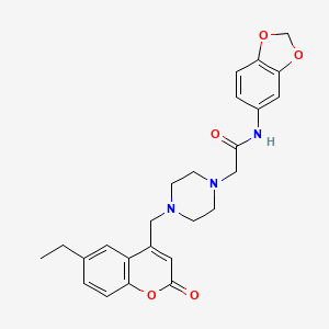 molecular formula C25H27N3O5 B4802647 N-(2H-1,3-BENZODIOXOL-5-YL)-2-{4-[(6-ETHYL-2-OXO-2H-CHROMEN-4-YL)METHYL]PIPERAZIN-1-YL}ACETAMIDE 