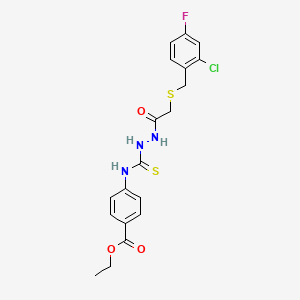 molecular formula C19H19ClFN3O3S2 B4803320 ethyl 4-{[(2-{[(2-chloro-4-fluorobenzyl)thio]acetyl}hydrazino)carbonothioyl]amino}benzoate 