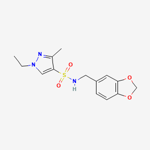 molecular formula C14H17N3O4S B4805184 N-[(2H-13-BENZODIOXOL-5-YL)METHYL]-1-ETHYL-3-METHYL-1H-PYRAZOLE-4-SULFONAMIDE 